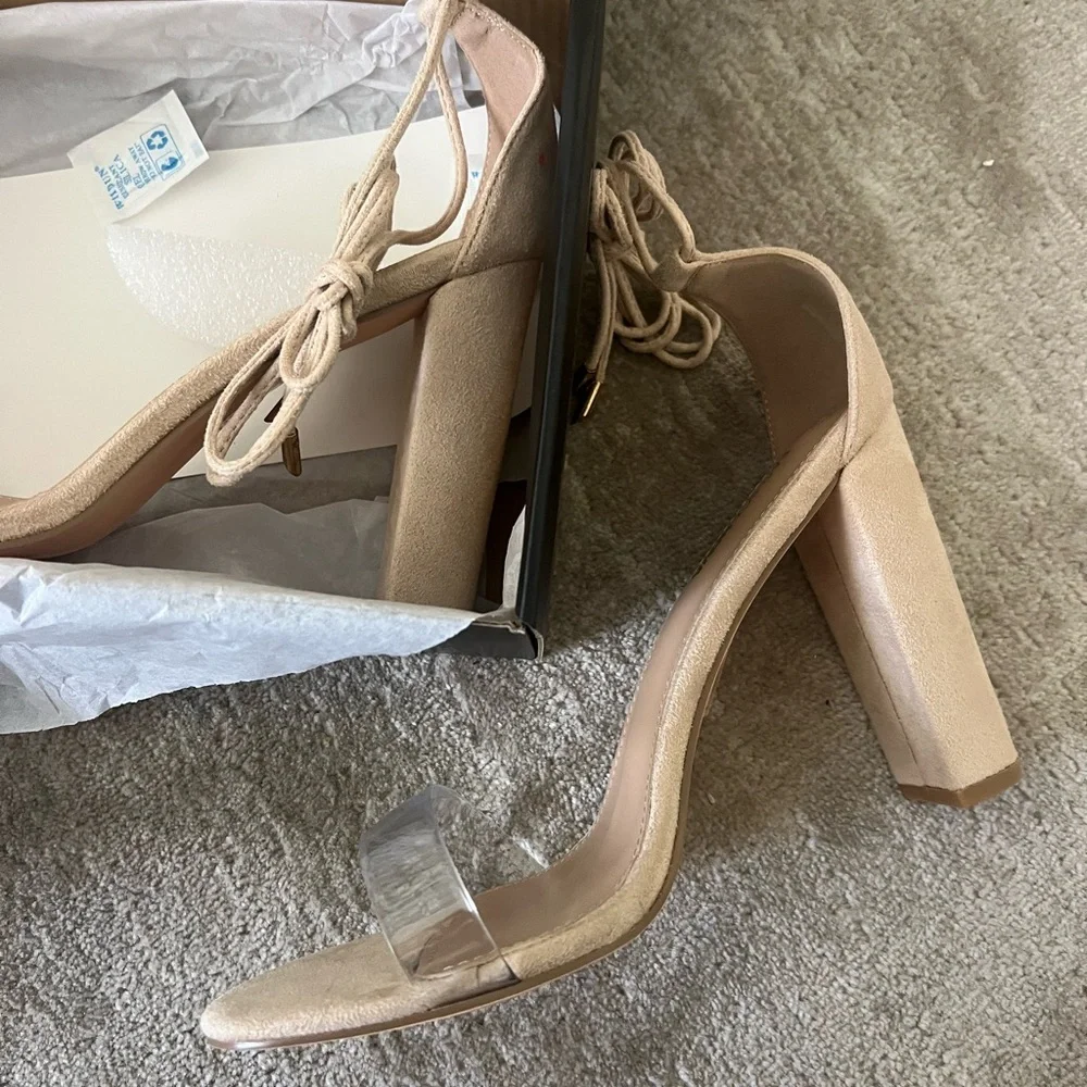 Fashion Nova Tan Stiletto Heels with Ankle Strap